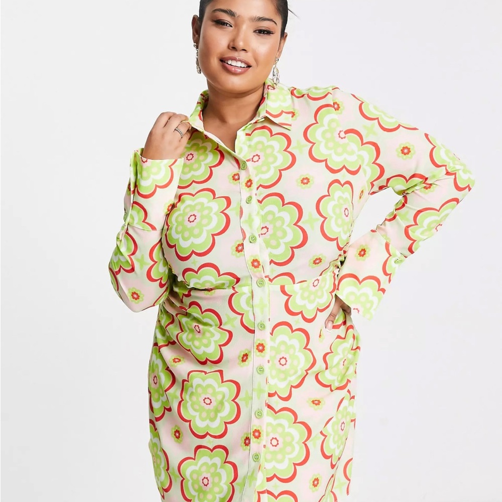 Curve fitted mini shirt dress in pink retro floral print